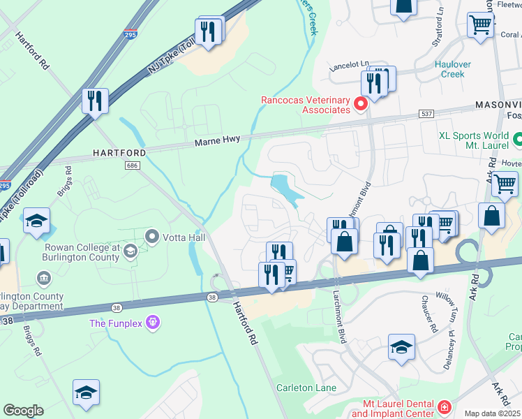 map of restaurants, bars, coffee shops, grocery stores, and more near 2419B Durham Court in Mount Laurel