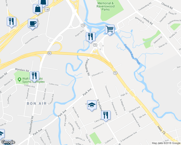 map of restaurants, bars, coffee shops, grocery stores, and more near 1007 Forklanding Road in Cinnaminson