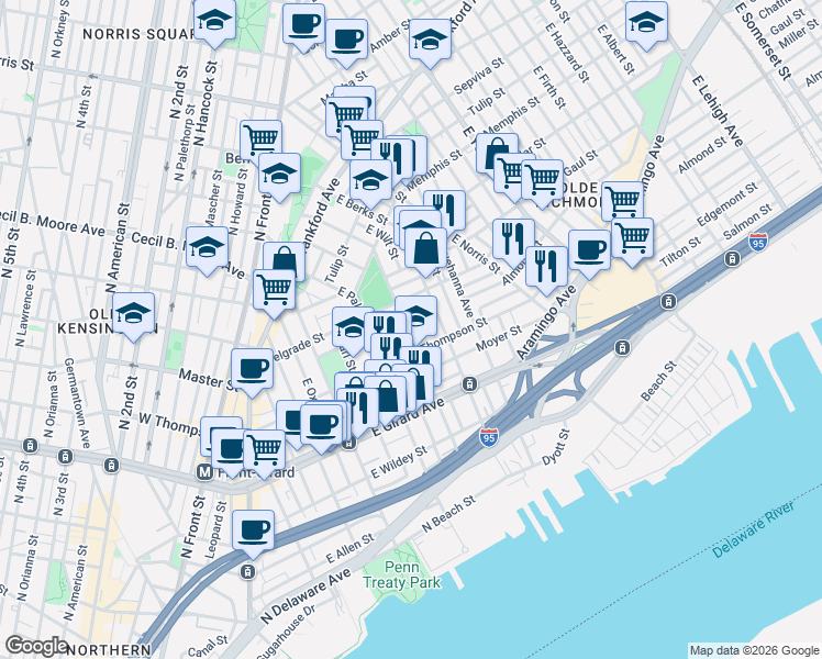 map of restaurants, bars, coffee shops, grocery stores, and more near 1324 East Berks Street in Philadelphia