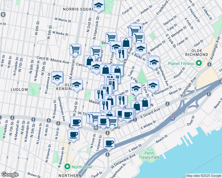 map of restaurants, bars, coffee shops, grocery stores, and more near in Philadelphia