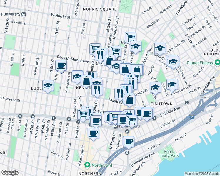 map of restaurants, bars, coffee shops, grocery stores, and more near 141 West Jefferson Street in Philadelphia