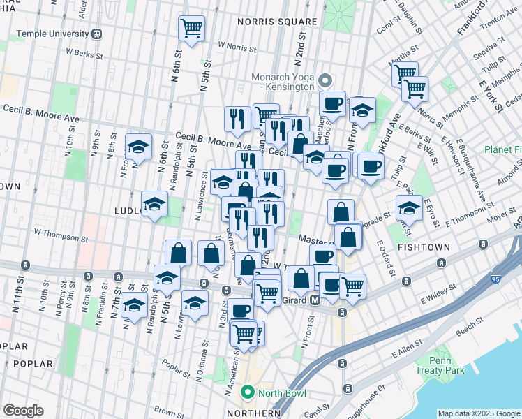 map of restaurants, bars, coffee shops, grocery stores, and more near in Philadelphia