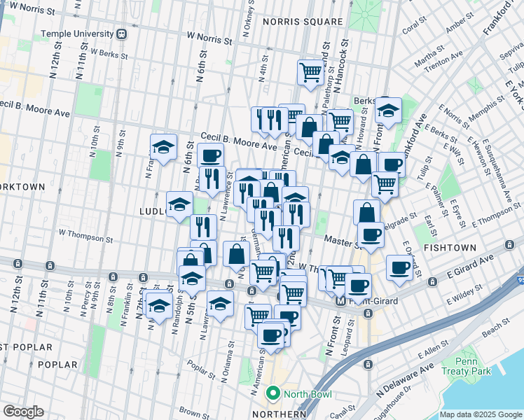 map of restaurants, bars, coffee shops, grocery stores, and more near 1432 Cadwallader Street in Philadelphia