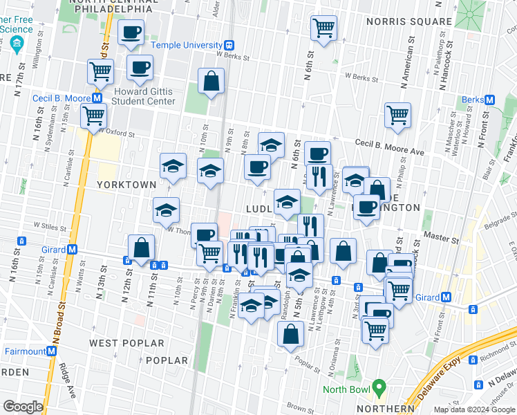 map of restaurants, bars, coffee shops, grocery stores, and more near 1412 North Franklin Street in Philadelphia