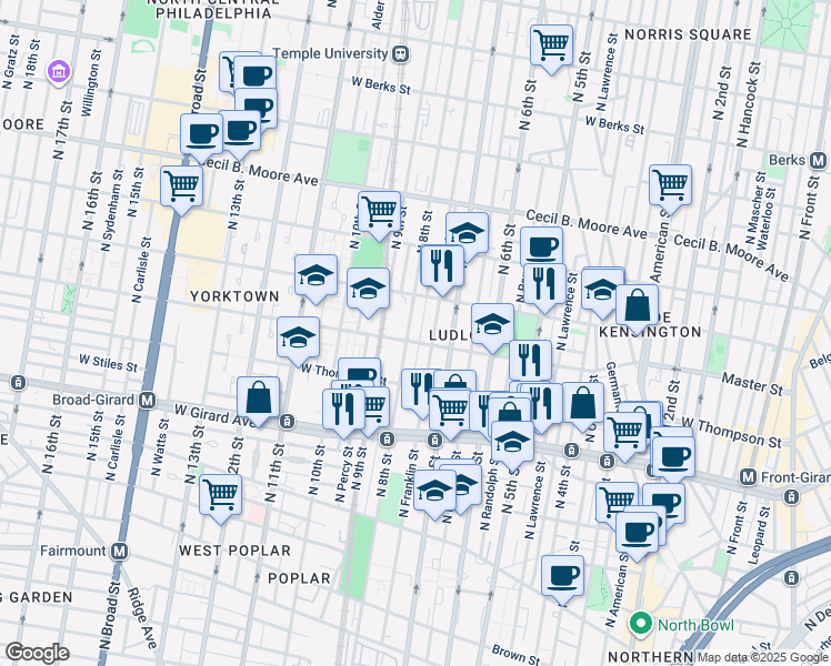 map of restaurants, bars, coffee shops, grocery stores, and more near 1412 North Franklin Street in Philadelphia