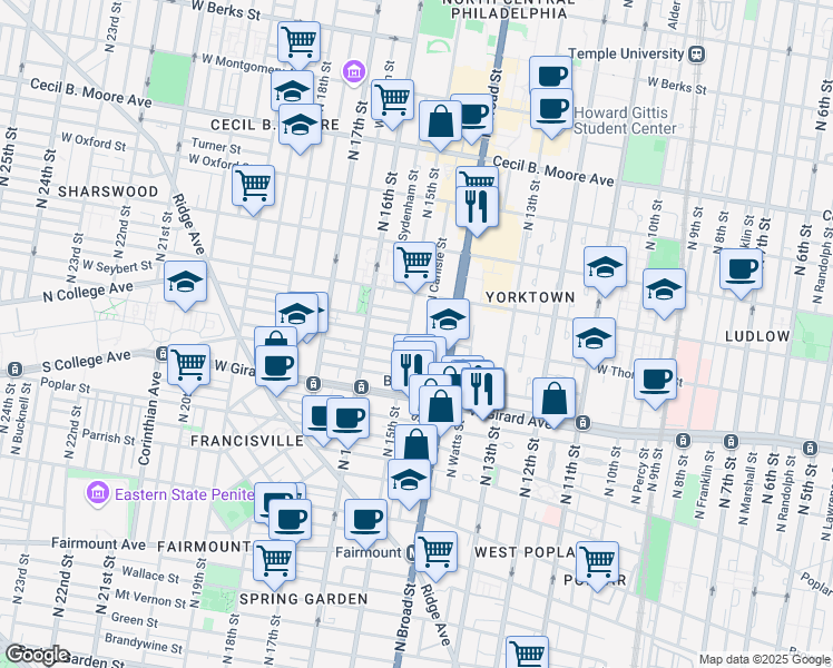 map of restaurants, bars, coffee shops, grocery stores, and more near 1303 North 15th Street in Philadelphia