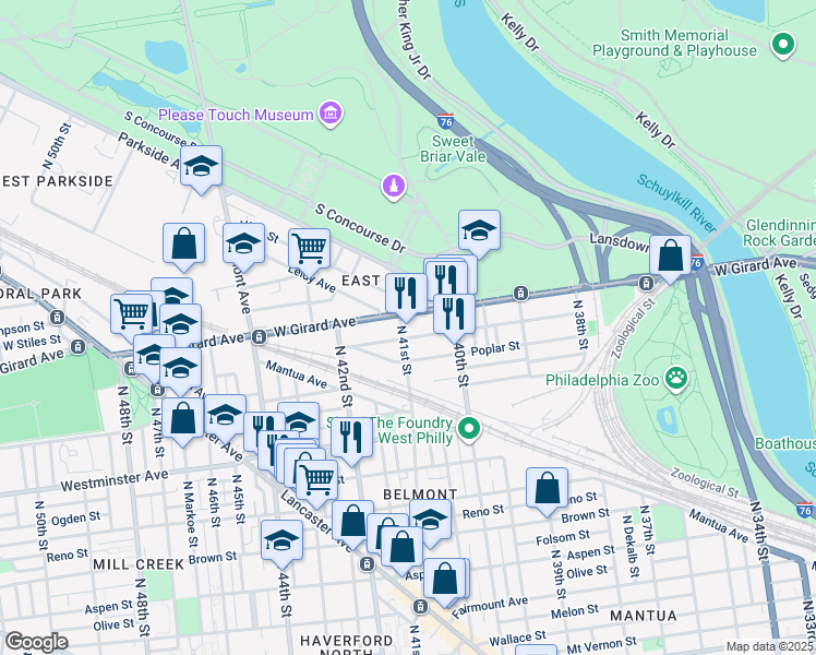 map of restaurants, bars, coffee shops, grocery stores, and more near 1139 North 41st Street in Philadelphia