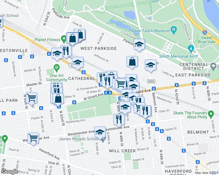 map of restaurants, bars, coffee shops, grocery stores, and more near in Philadelphia