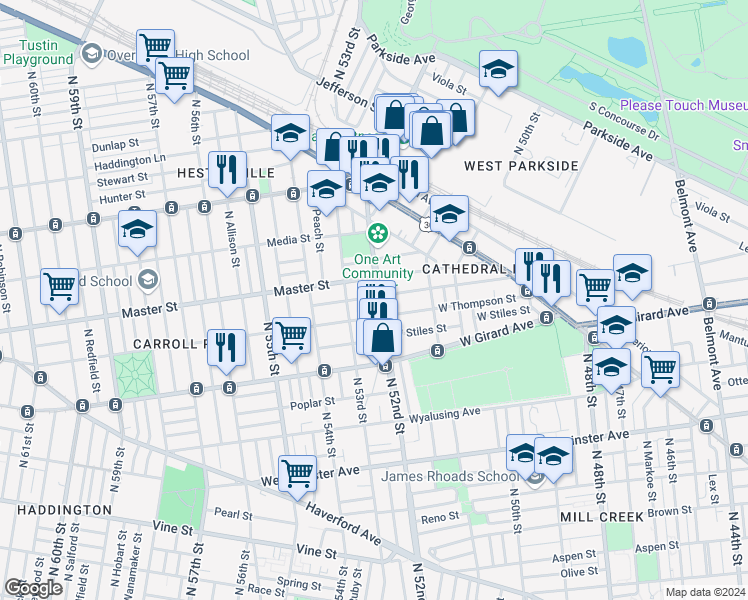 map of restaurants, bars, coffee shops, grocery stores, and more near 1322 North 52nd Street in Philadelphia
