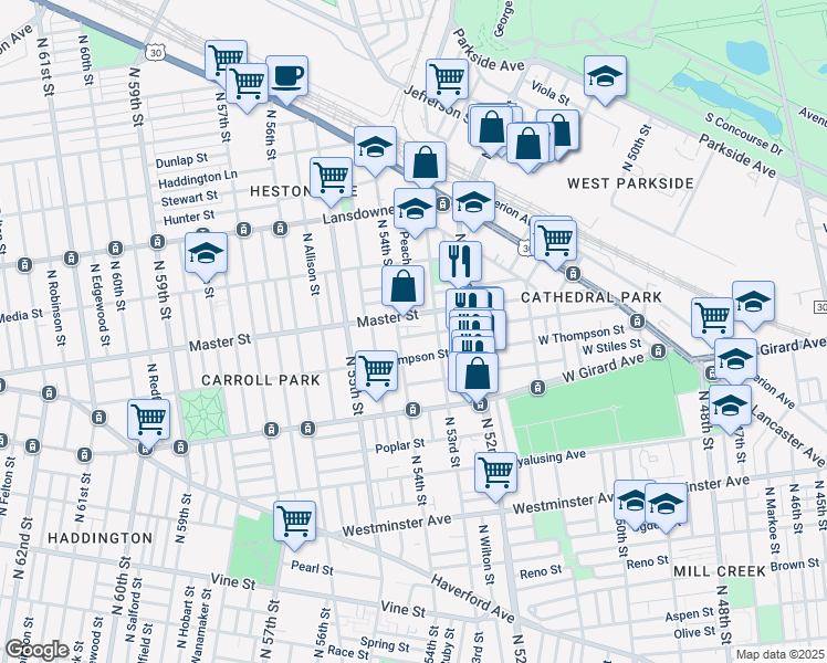 map of restaurants, bars, coffee shops, grocery stores, and more near 1324 North 53rd Street in Philadelphia