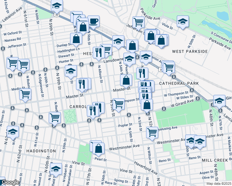map of restaurants, bars, coffee shops, grocery stores, and more near 1348 North Conestoga Street in Philadelphia