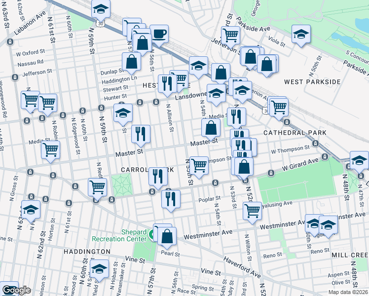 map of restaurants, bars, coffee shops, grocery stores, and more near 5452 Master Street in Philadelphia