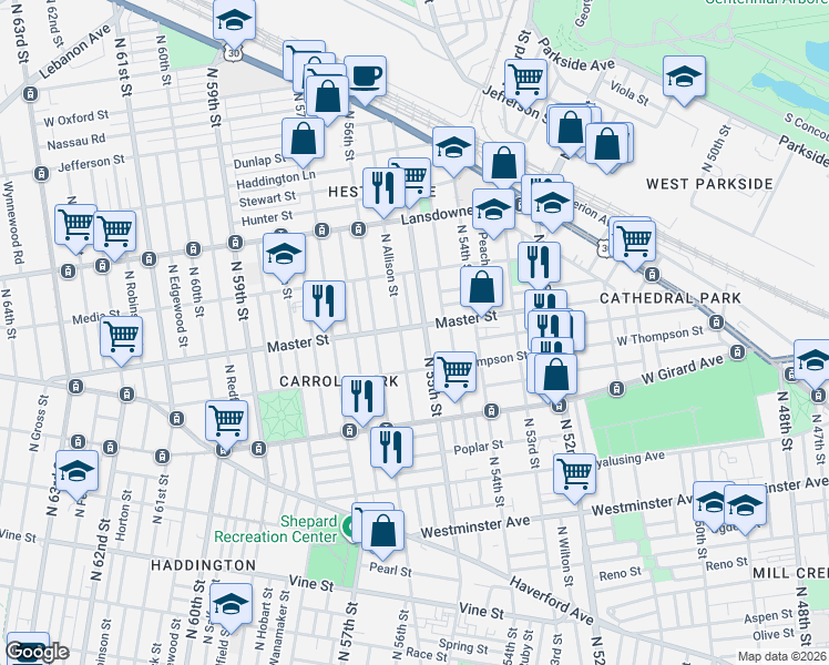 map of restaurants, bars, coffee shops, grocery stores, and more near 5452 Master Street in Philadelphia