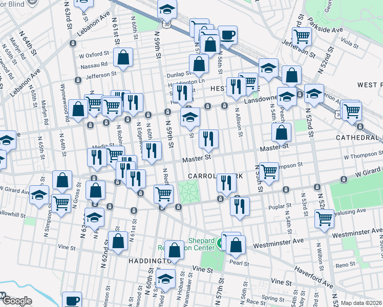 map of restaurants, bars, coffee shops, grocery stores, and more near 1414 North Wanamaker Street in Philadelphia