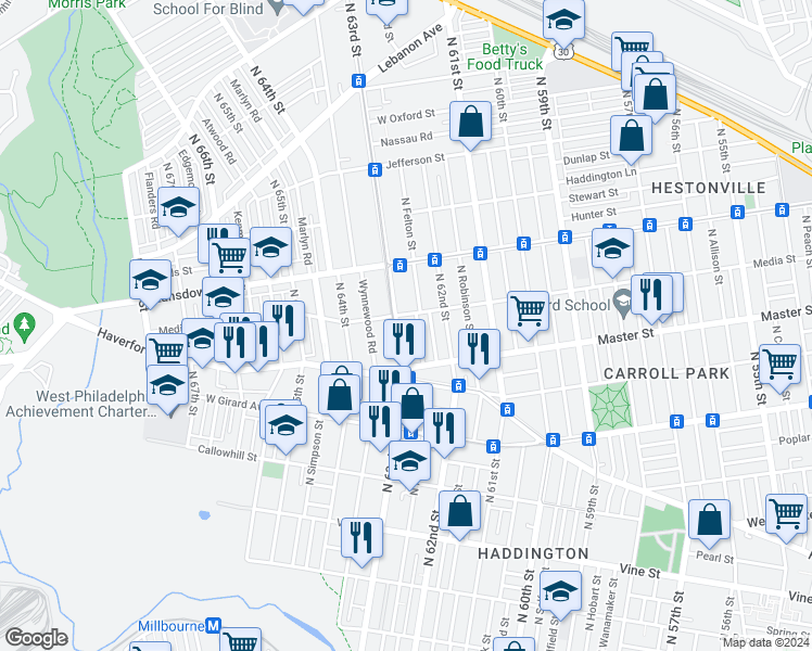 map of restaurants, bars, coffee shops, grocery stores, and more near 1456 North Felton Street in Philadelphia