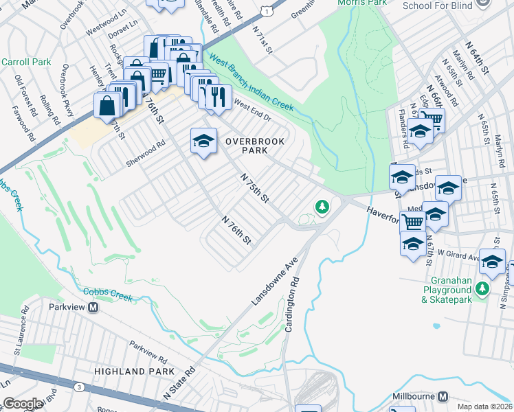 map of restaurants, bars, coffee shops, grocery stores, and more near 1353 Westbury Drive in Philadelphia