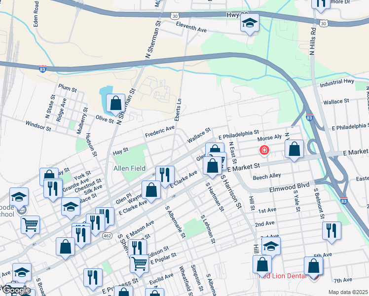 map of restaurants, bars, coffee shops, grocery stores, and more near 116 North Hartman Street in York