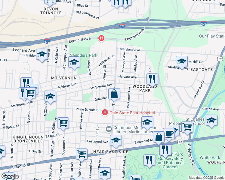 map of restaurants, bars, coffee shops, grocery stores, and more near 3241 Johnson Street in Columbus