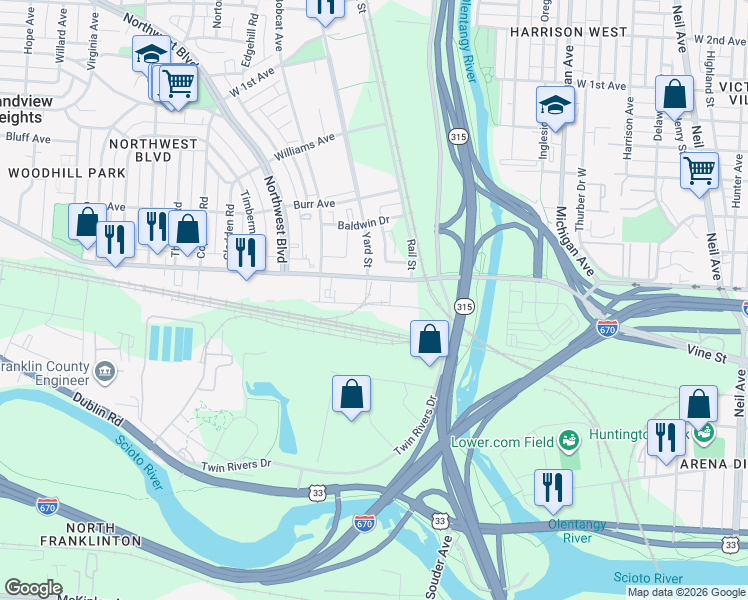 map of restaurants, bars, coffee shops, grocery stores, and more near 777 Goodale Boulevard in Grandview Heights