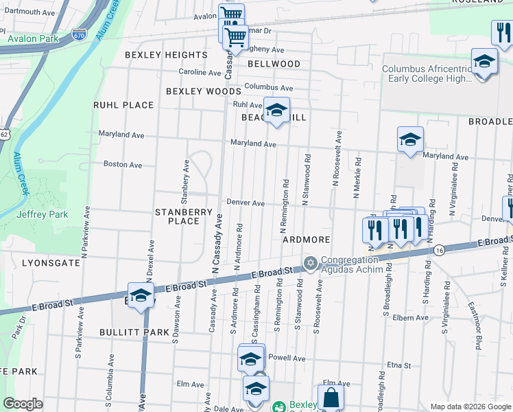 map of restaurants, bars, coffee shops, grocery stores, and more near 149 North Cassingham Road in Bexley