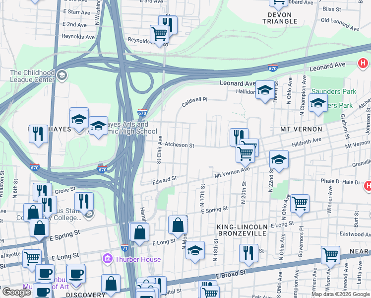 map of restaurants, bars, coffee shops, grocery stores, and more near 411 North Monroe Avenue in Columbus