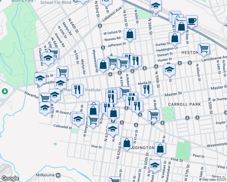 map of restaurants, bars, coffee shops, grocery stores, and more near 1456 North Felton Street in Philadelphia