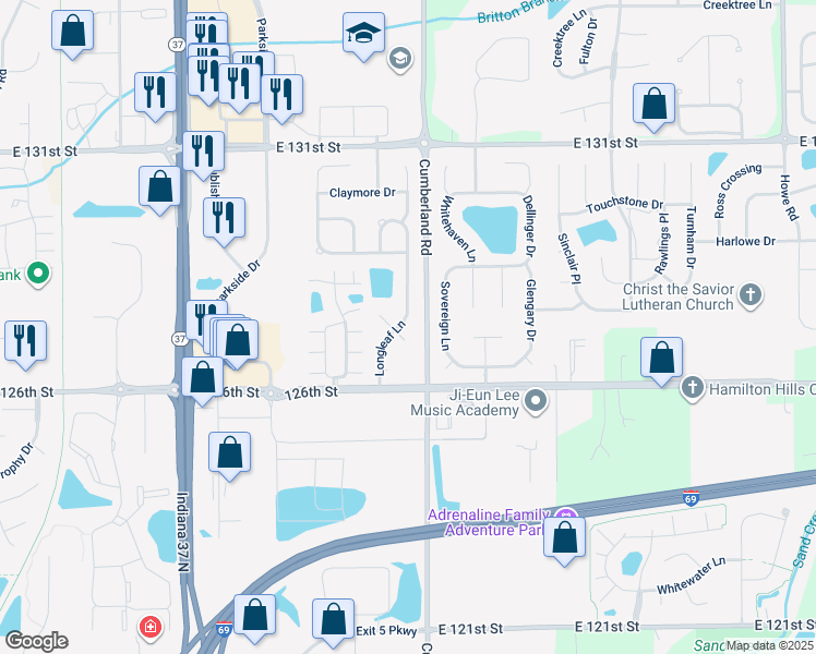 map of restaurants, bars, coffee shops, grocery stores, and more near 12841 Longleaf Lane in Fishers