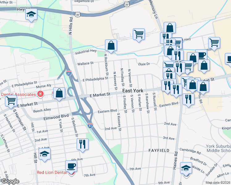 map of restaurants, bars, coffee shops, grocery stores, and more near 1925 Pennsylvania 462 in York