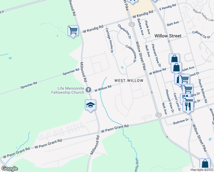 map of restaurants, bars, coffee shops, grocery stores, and more near 167 West Willow Road in Willow Street
