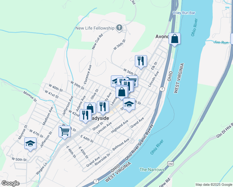 map of restaurants, bars, coffee shops, grocery stores, and more near 3801 Leona Street in Shadyside