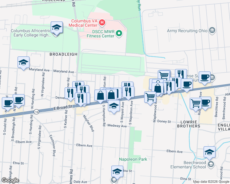 map of restaurants, bars, coffee shops, grocery stores, and more near 40 North Waverly Street in Columbus