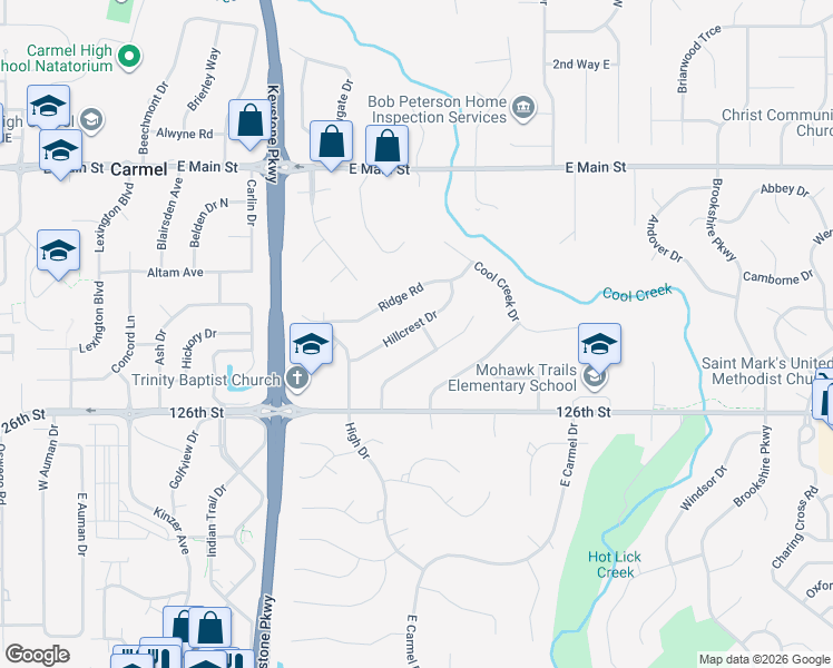 map of restaurants, bars, coffee shops, grocery stores, and more near 1205 Hillcrest Drive in Carmel