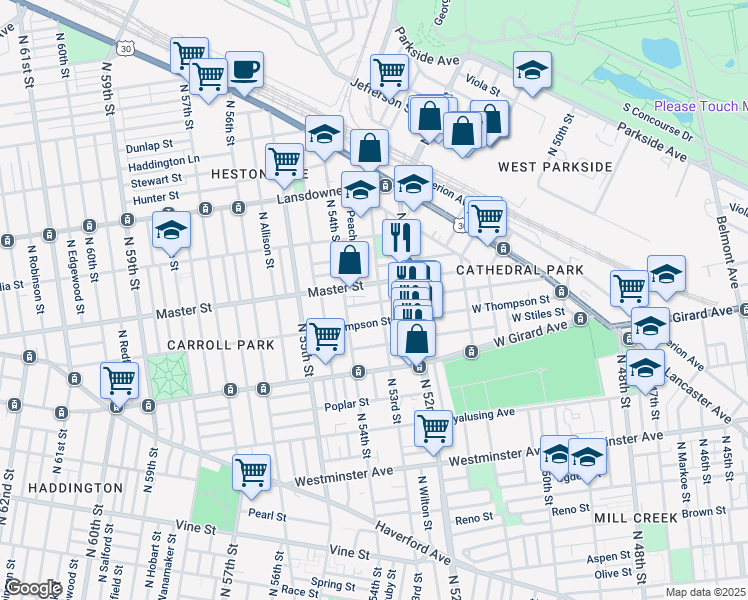 map of restaurants, bars, coffee shops, grocery stores, and more near 1324 North 53rd Street in Philadelphia