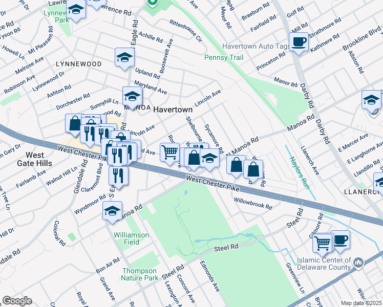 map of restaurants, bars, coffee shops, grocery stores, and more near 122 Wilson Avenue in Havertown