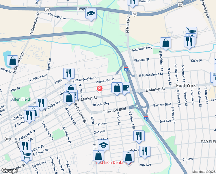 map of restaurants, bars, coffee shops, grocery stores, and more near 1548 Wayne Avenue in York
