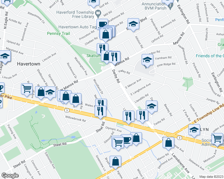 map of restaurants, bars, coffee shops, grocery stores, and more near 32 Fulmer Avenue in Havertown