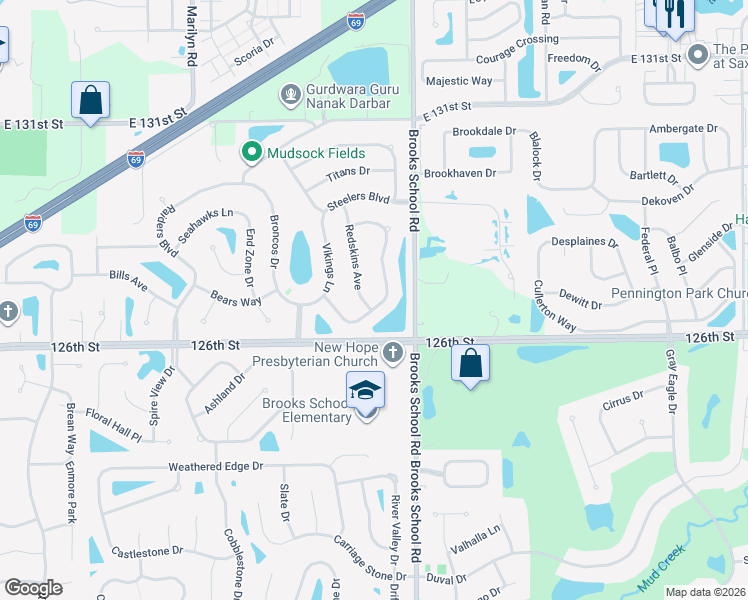 map of restaurants, bars, coffee shops, grocery stores, and more near 12665 Redskins Avenue in Fishers
