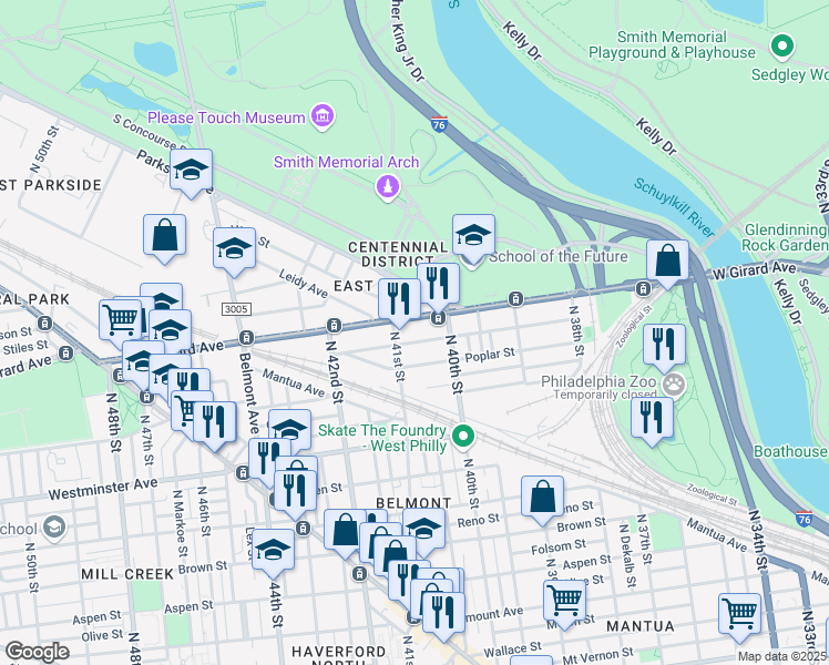 map of restaurants, bars, coffee shops, grocery stores, and more near 4053 Cambridge Street in Philadelphia
