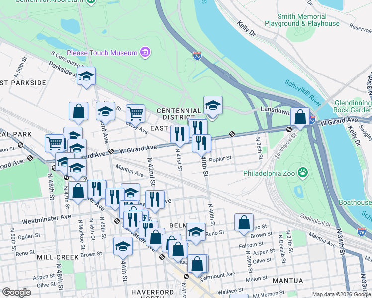 map of restaurants, bars, coffee shops, grocery stores, and more near 4053 Cambridge Street in Philadelphia