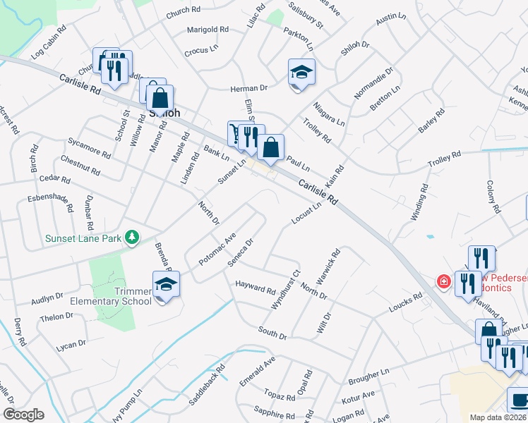 map of restaurants, bars, coffee shops, grocery stores, and more near 2290 Seneca Drive in York