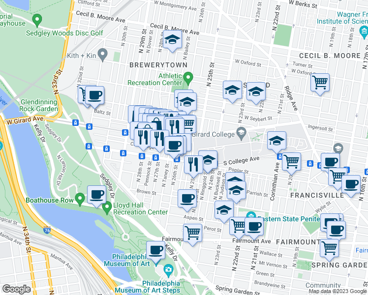 map of restaurants, bars, coffee shops, grocery stores, and more near 942 North Bambrey Street in Philadelphia