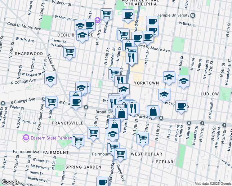 map of restaurants, bars, coffee shops, grocery stores, and more near 1411 West Thompson Street in Philadelphia