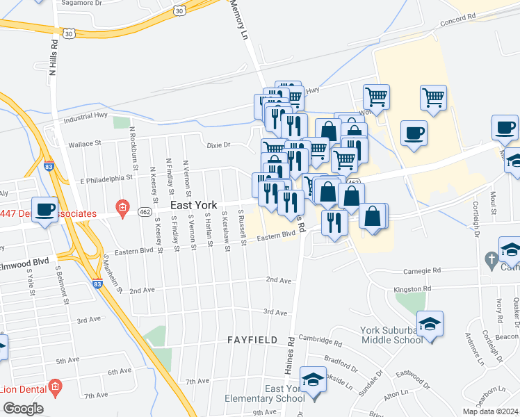 map of restaurants, bars, coffee shops, grocery stores, and more near 22 South Royal Street in York