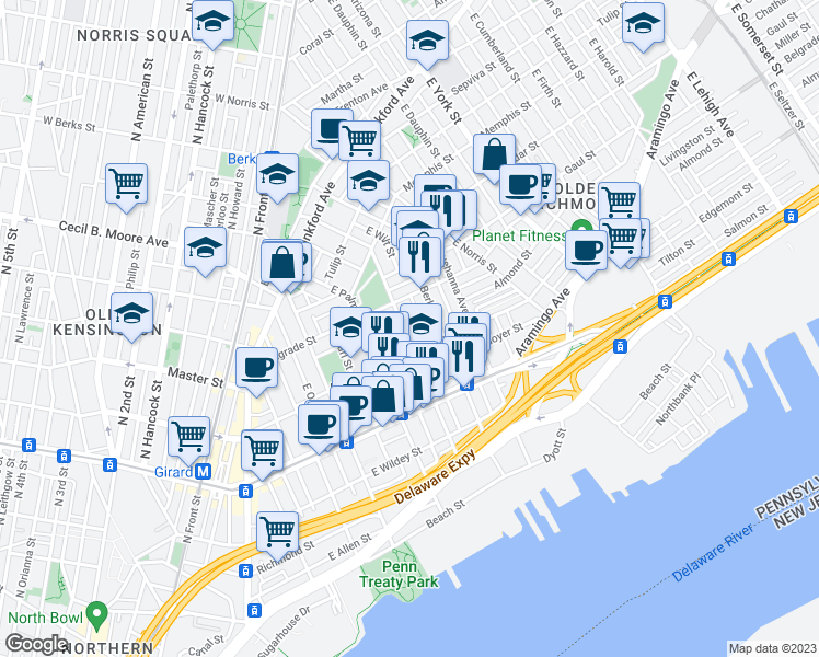 map of restaurants, bars, coffee shops, grocery stores, and more near 1325 East Montgomery Avenue in Philadelphia