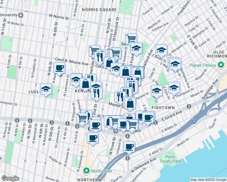map of restaurants, bars, coffee shops, grocery stores, and more near 141 West Jefferson Street in Philadelphia