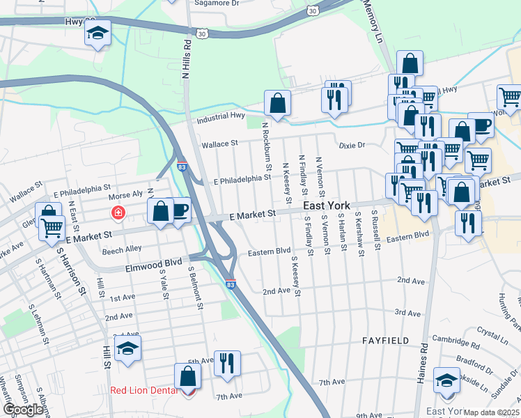 map of restaurants, bars, coffee shops, grocery stores, and more near 1901 Pennsylvania 462 in East York