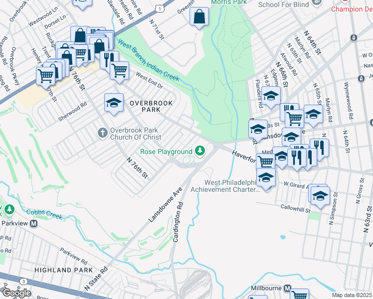map of restaurants, bars, coffee shops, grocery stores, and more near 7440 Brockton Road in Philadelphia