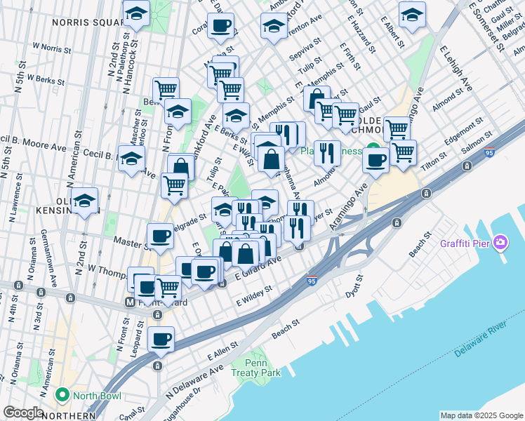 map of restaurants, bars, coffee shops, grocery stores, and more near 1325 East Montgomery Avenue in Philadelphia