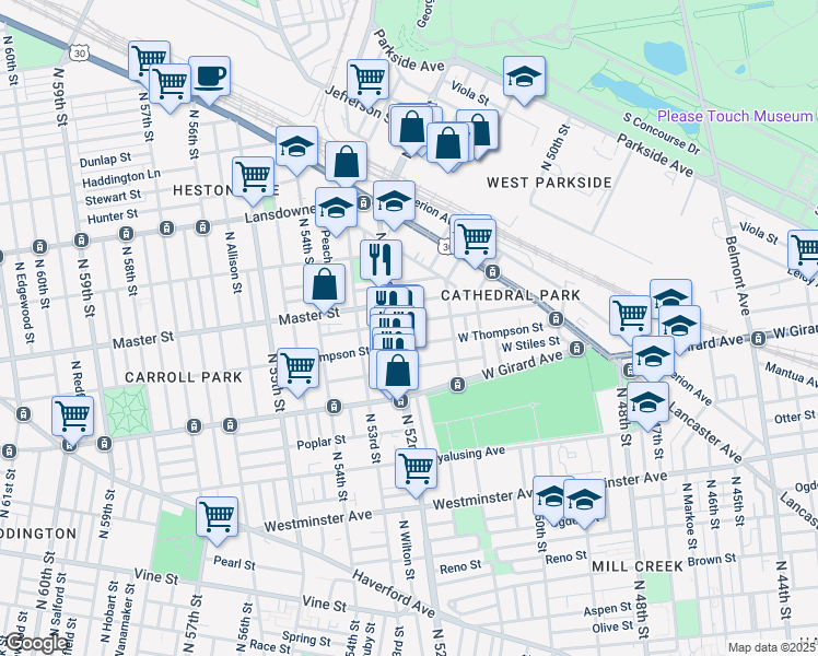 map of restaurants, bars, coffee shops, grocery stores, and more near 5154 Kershaw Street in Philadelphia