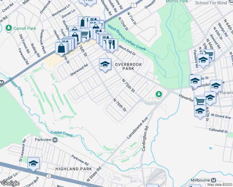 map of restaurants, bars, coffee shops, grocery stores, and more near 7559 Malvern Avenue in Philadelphia